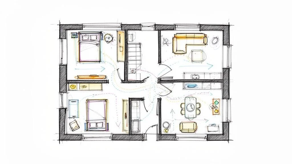 Eine handgezeichnete Skizze eines 3-Zimmer-Wohnungsgrundrisses mit eingezeichneten Laufwegen und schematischer Möbelanordnung in Draufsicht.