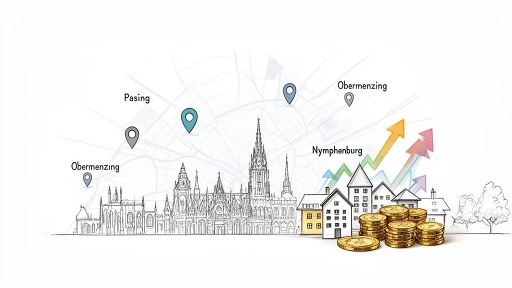 Immobilienmarkt München: Karte mit Pasing, Nymphenburg, Obermenzing, Häusern, Pfeilen und Münzen symbolisiert Wertsteigerung.