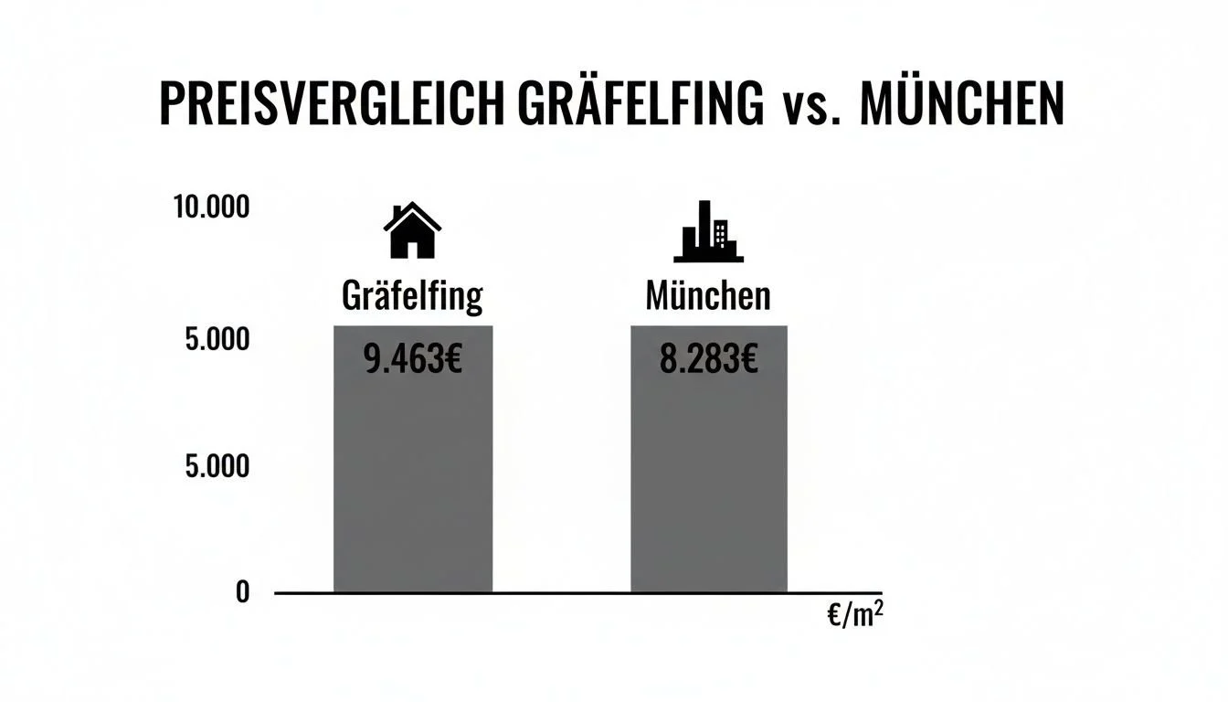 Balkendiagramm zum Preisvergleich von Immobilien pro Quadratmeter in Gräfelfing und München.