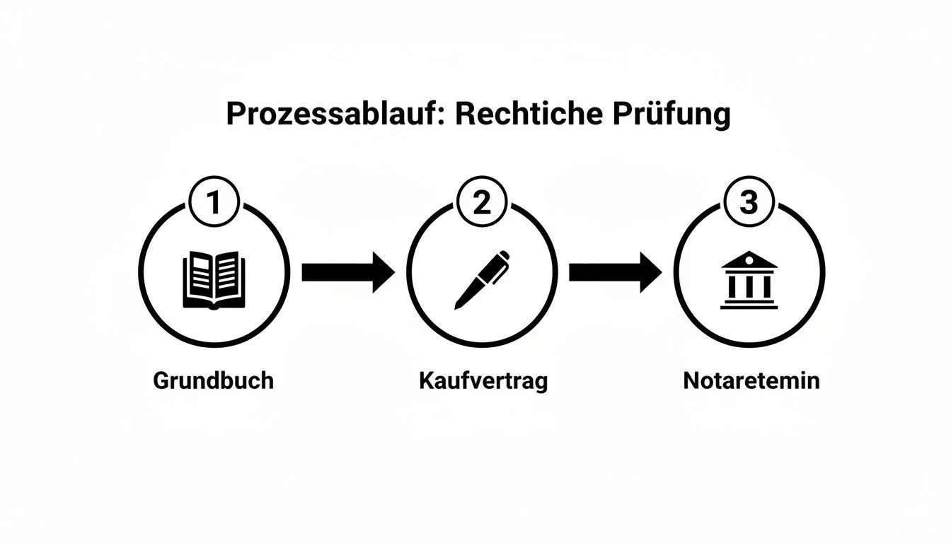 Ein Prozessablauf zur rechtlichen Prüfung beim Immobilienkauf mit Schritten wie Grundbuch, Kaufvertrag und Notartermin.