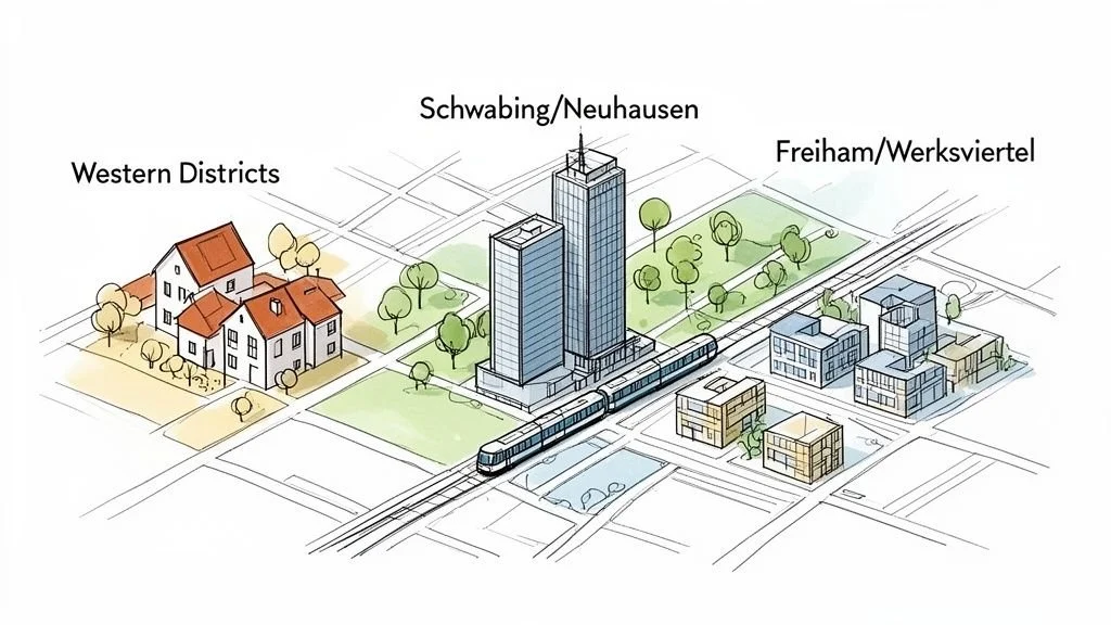 Visualisierung von drei Münchner Stadtteilen mit unterschiedlichen Gebäudetypen und einer Zugverbindung.