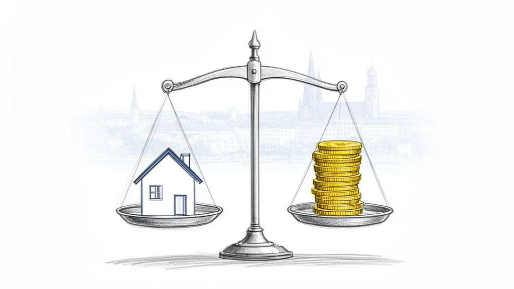 Eine Waage, die ein Haus und einen Stapel Goldmünzen vergleicht, vor einer Stadtkulisse.