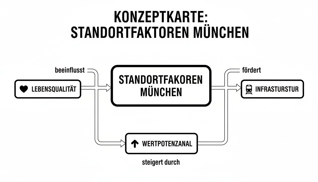 Konzeptkarte zu Standortfaktoren München, die Lebensqualität, Infrastruktur und Wertpotenzial verbindet.