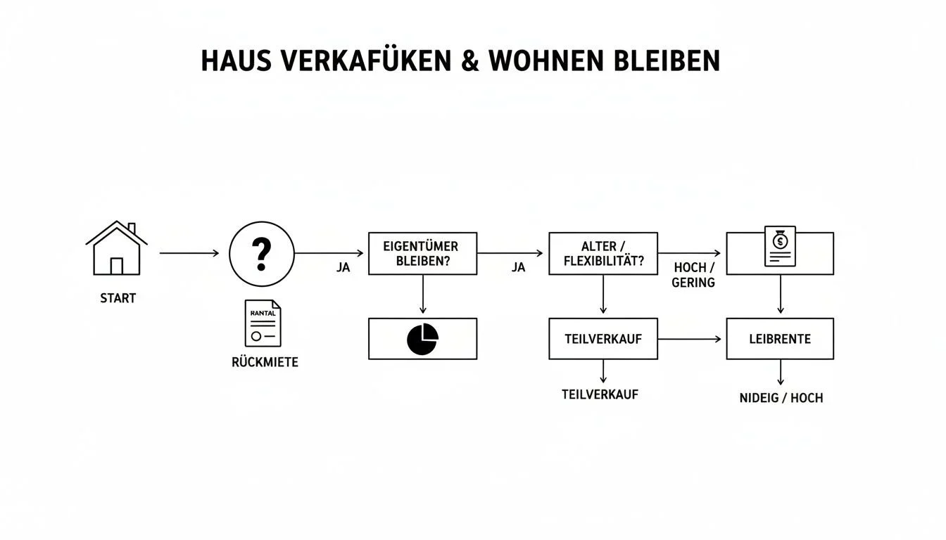 Flussdiagramm zum Hausverkauf mit Wohnbleiberecht: Rückmiete, Teilverkauf, Leibrente und Eigentümer-Fragen.