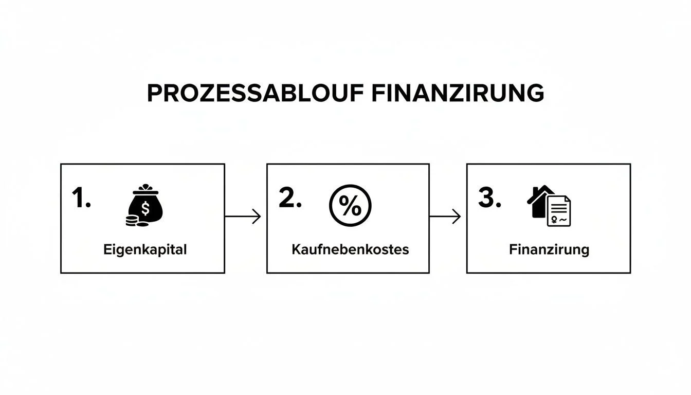 Diagramm zeigt den Prozessablauf einer Finanzierung in drei Schritten: Eigenkapital, Kaufnebenkosten und Finanzierung.