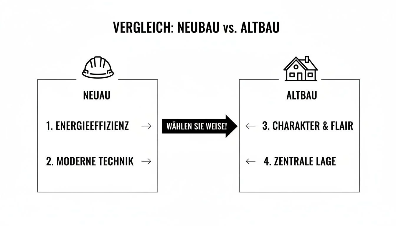 Ein Diagramm vergleicht Neubau und Altbau, zeigt Energieeffizienz und Moderne Technik vs. Charakter und zentrale Lage.