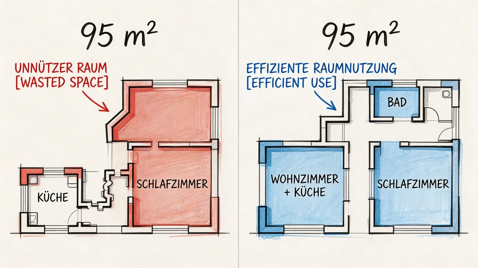 Vergleich zweier 95 Quadratmeter Grundrisse einer 4-Zimmer-Wohnung mit ineffizienter und effizienter Raumnutzung in Rot und Blau.