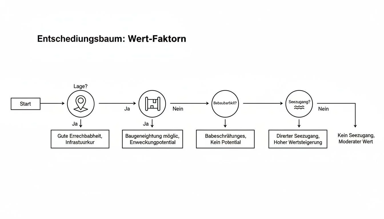Entscheidungsbaum über Wertfaktoren eines Grundstücks, der Lage, Bebaubarkeit und Seezugang berücksichtigt.