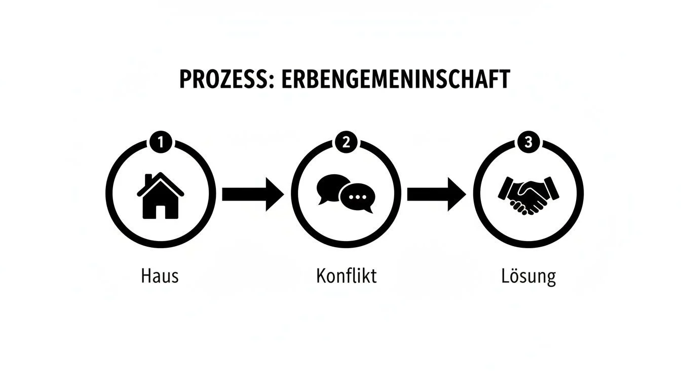 Prozessdarstellung einer Erbengemeinschaft: Von einem Haus über Konflikt zur Lösung mit Piktogrammen und Pfeilen.