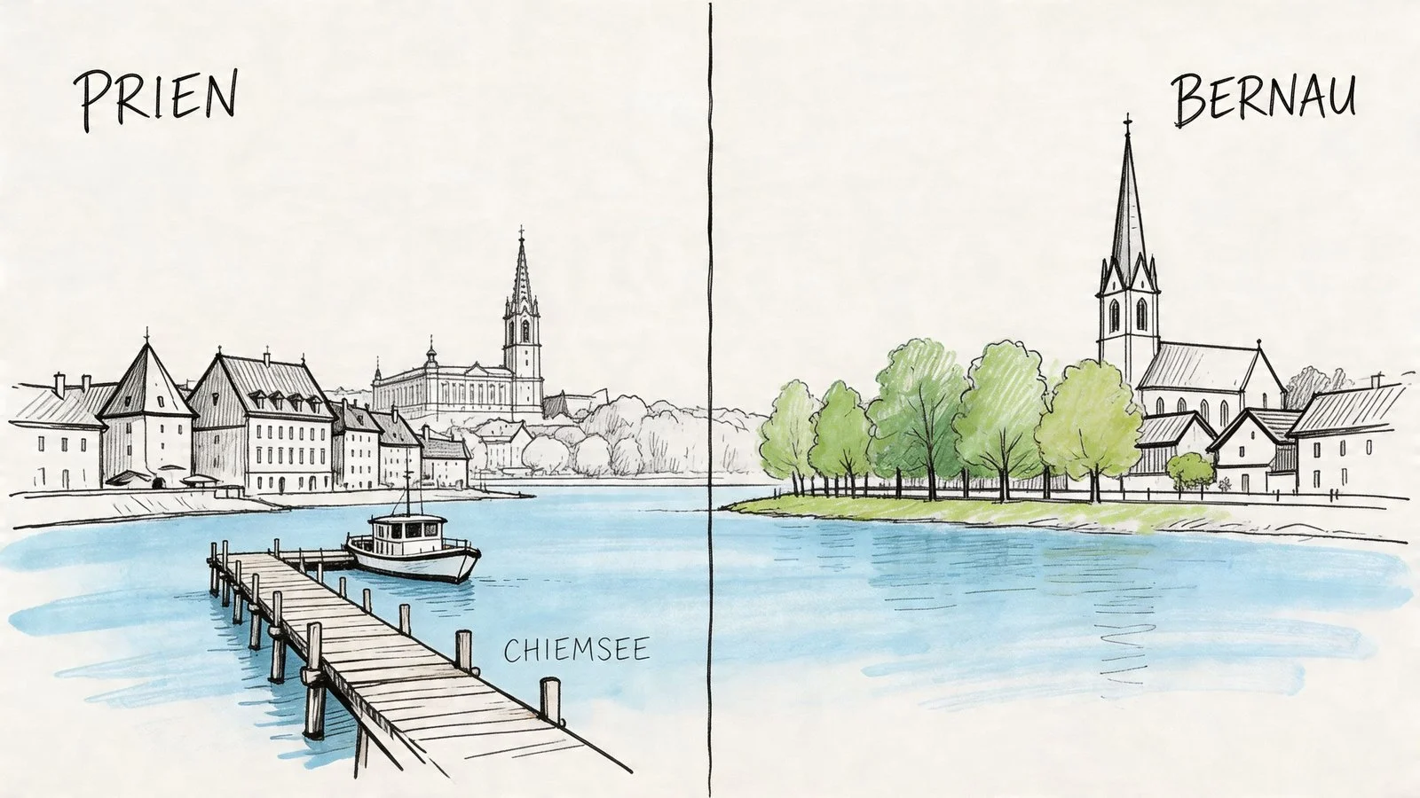 Eine illustrative Zeichnung der Orte Prien und Bernau am Chiemsee mit Seebrücke und historischen Gebäuden.