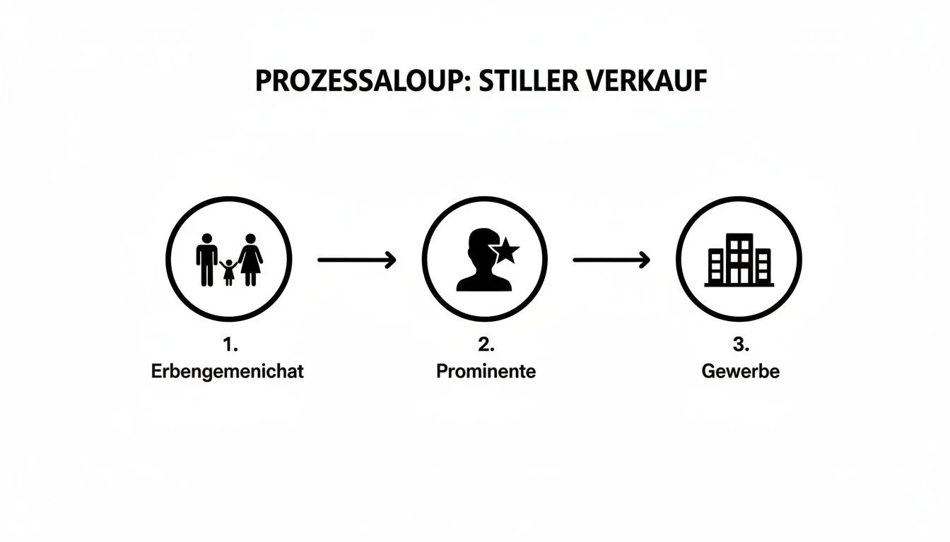 Ein Prozessdiagramm des stillen Verkaufs: beginnend mit Erbengemeinschaften, über Prominente, bis hin zu Gewerbeimmobilien.