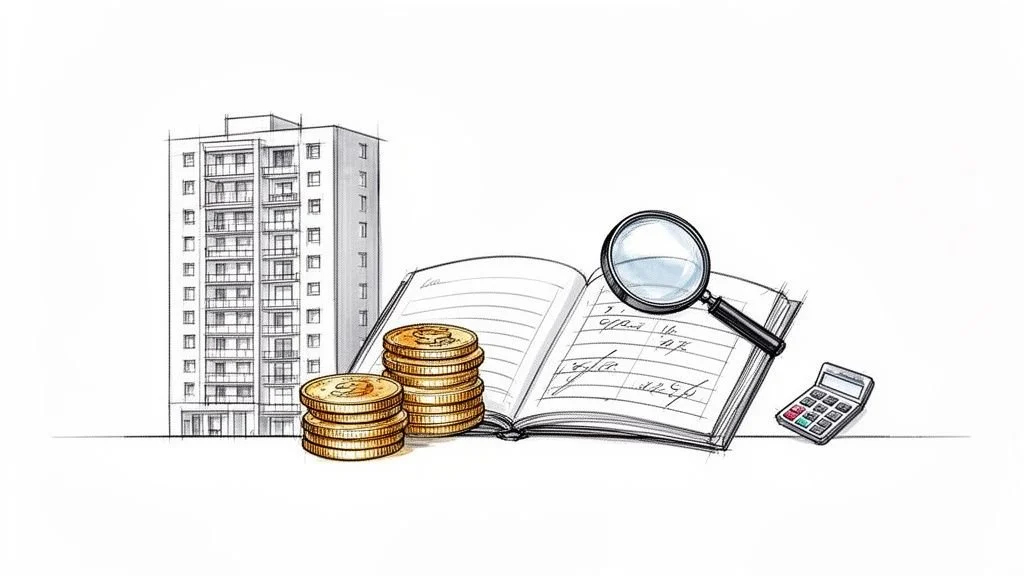 Illustration zur Immobilienprüfung mit Gebäude, Geld, offenem Buch, Lupe und Taschenrechner.