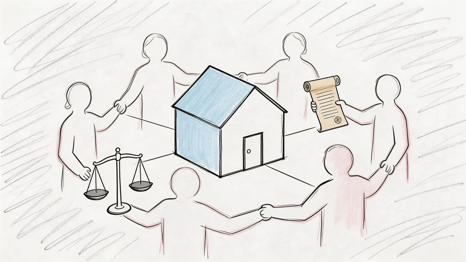 Stilisierte Illustration von Personen, die gemeinsam um ein Haus stehen und Symbole für Recht und Dokumente halten.