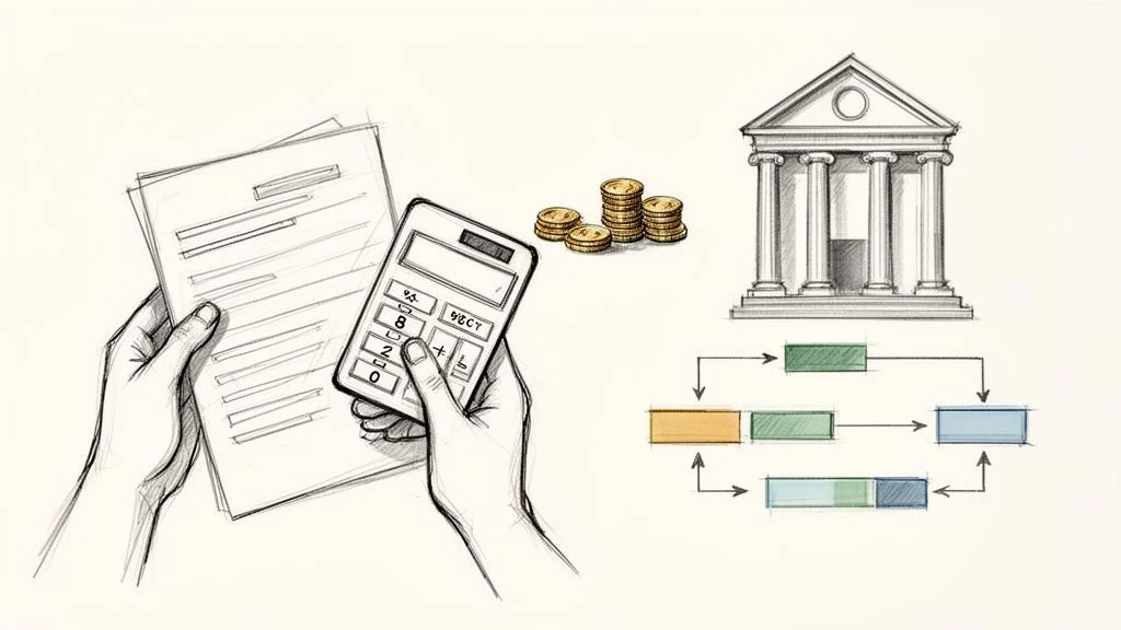 Hände halten Dokumente und einen Rechner, daneben Geldmünzen, eine Bank und ein Finanzprozess-Flussdiagramm.