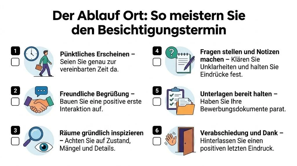 Eine Infografik mit sechs Schritten, wie man eine Wohnungsbesichtigung erfolgreich und professionell meistert.