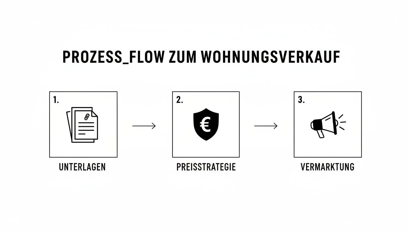 Ein Prozessflussdiagramm zeigt die drei Schritte zum Wohnungsverkauf: 1. Unterlagen, 2. Preisstrategie, 3. Vermarktung.