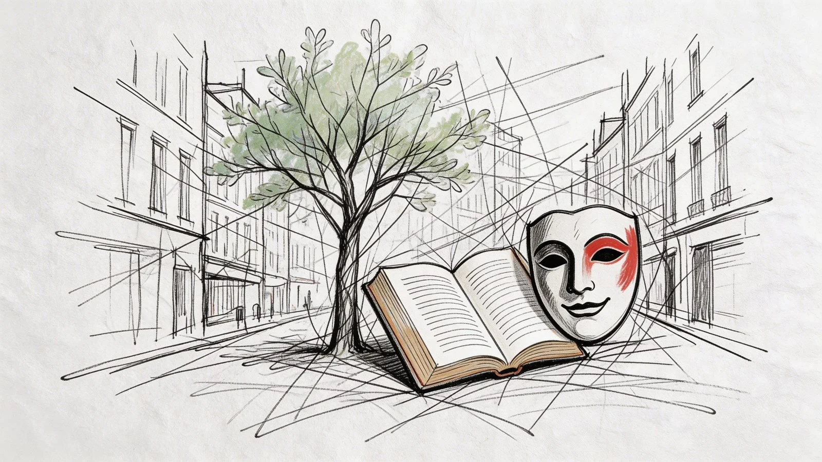 Eine künstlerische Skizze zeigt ein offenes Buch, eine Theatermaske und einen Baum vor einer städtischen Straßenkulisse.