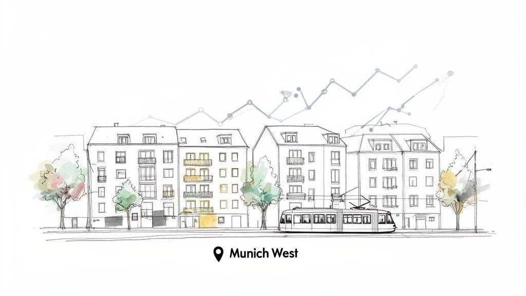 Illustration von Wohngebäuden, einer Straßenbahn und Bäumen in München West mit Preiskurve.