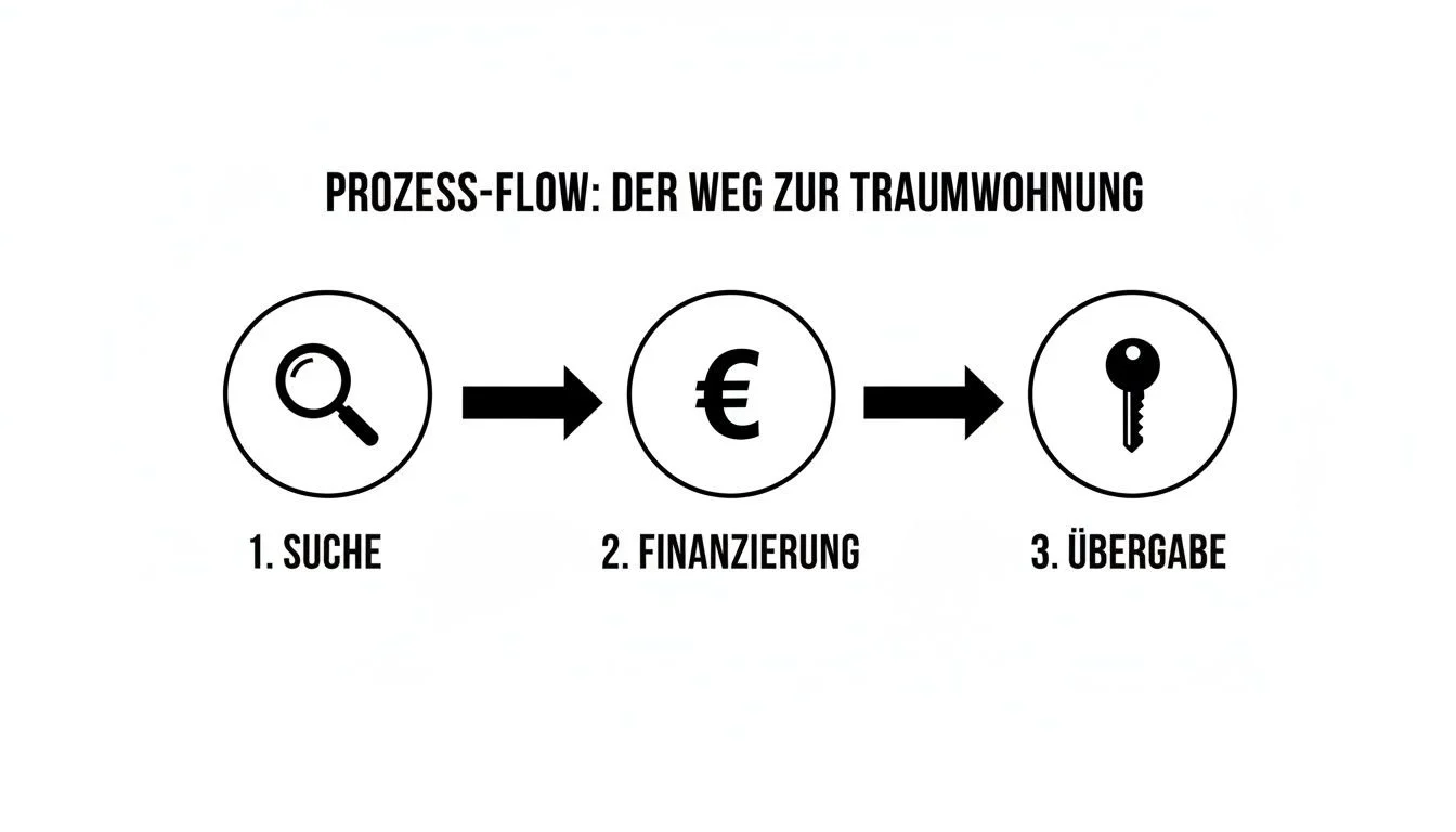 Prozessablauf zum Kauf einer Traumwohnung: Suche, Finanzierung und anschließende Übergabe der Schlüssel.