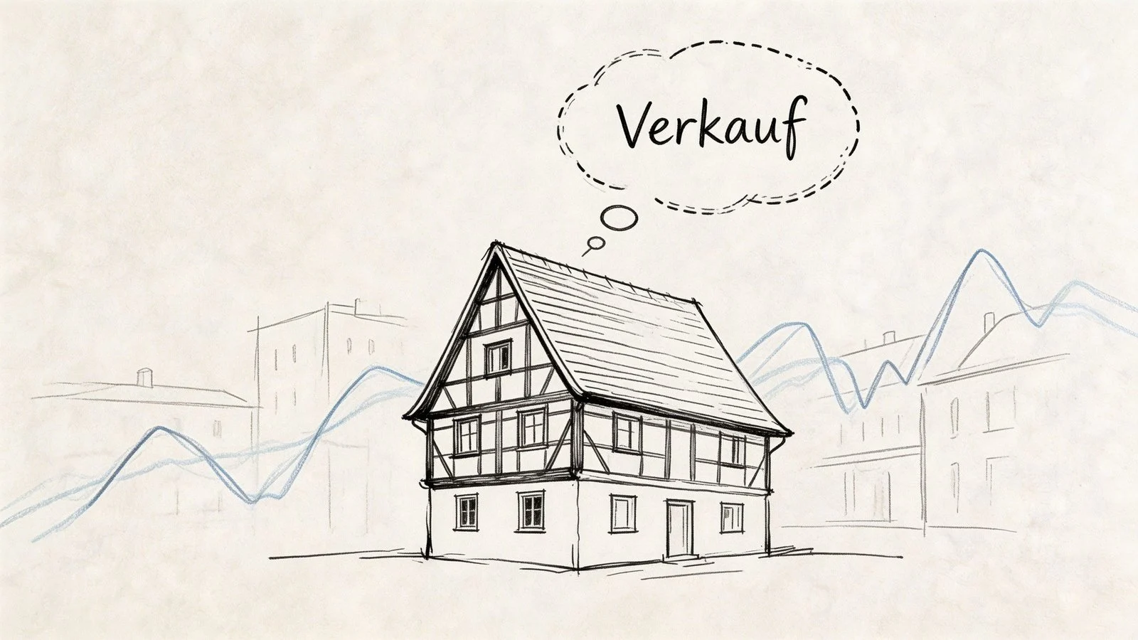 Eine handgezeichnete Skizze eines Fachwerkhause vor einer Stadtkulisse mit einer Sprechblase, die das Wort Verkauf enthält.