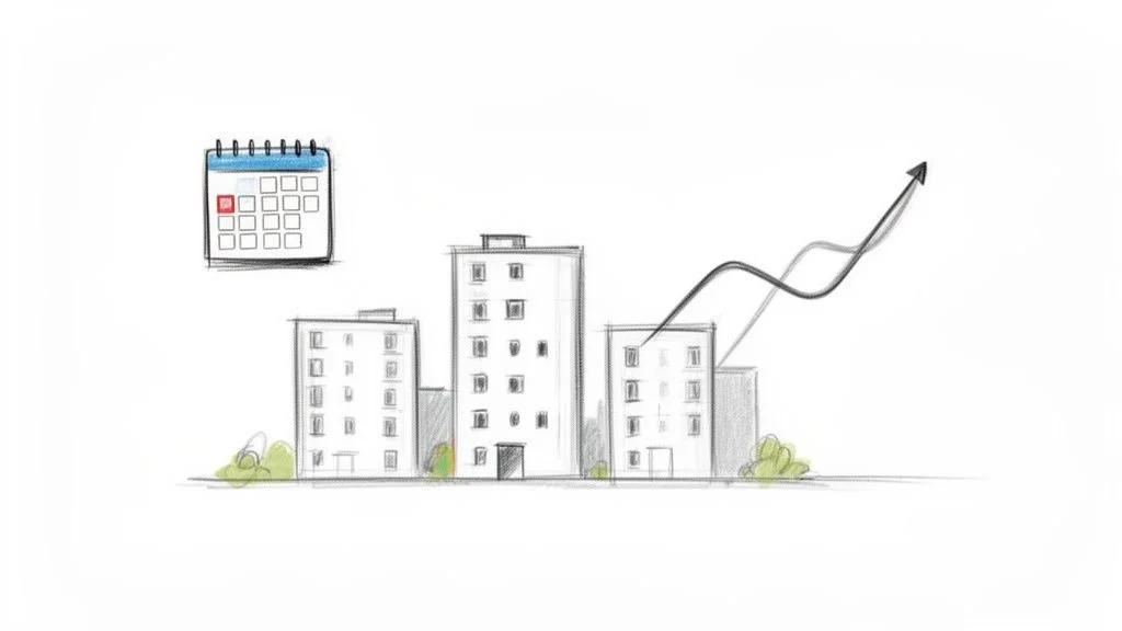 Illustration von Immobilien mit Kalender und steigendem Trend, symbolisiert langfristige Wertentwicklung.