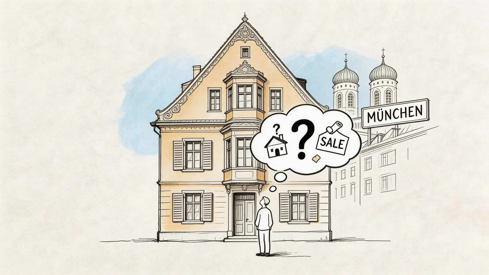 Ein Mann steht vor einem alten Haus in München und denkt über den Verkauf und Wert nach.