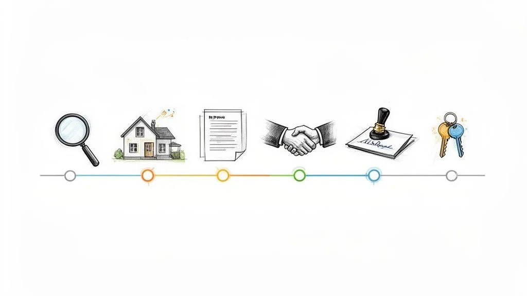 Zeitleiste des Hauskaufprozesses mit Symbolen für Suche, Haus, Vertrag, Handschlag, Notar und Schlüsselübergabe.