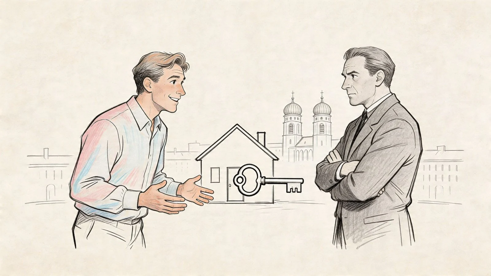Ein junger Mann und ein Geschäftsmann diskutieren über einen Hausschlüssel vor einer illustrierten Kulisse mit einer Kirche.