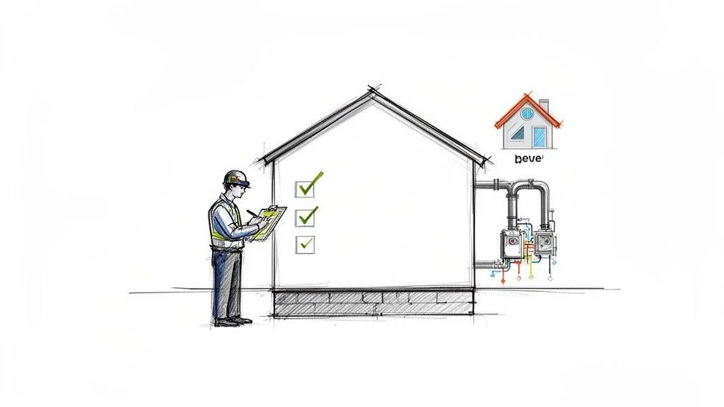 Ein Handwerker überprüft eine Hausinstallation mit Checkliste, daneben ist eine Heizungsanlage dargestellt.